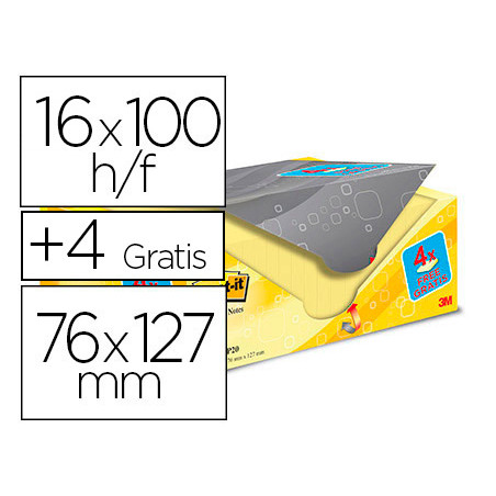 Bloc de notas adhesivas quita y pon post-it amarillo canario 76x127 mm pack promocional 16+4 gratis