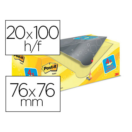 Bloc de notas adhesivas quita y pon post-it amarillo canario 76x76 mm pack promocional 16+4 gratis