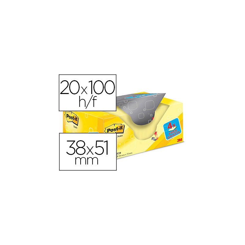 Bloc de notas adhesivas quita y pon post-it amarillo canario 38x51 mm pack promocional 16+4 gratis