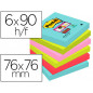 Bloc de notas adhesivas quita y pon post-it super sticky 76x76 mm con 90 hojas pack de 6 unidades colores miami