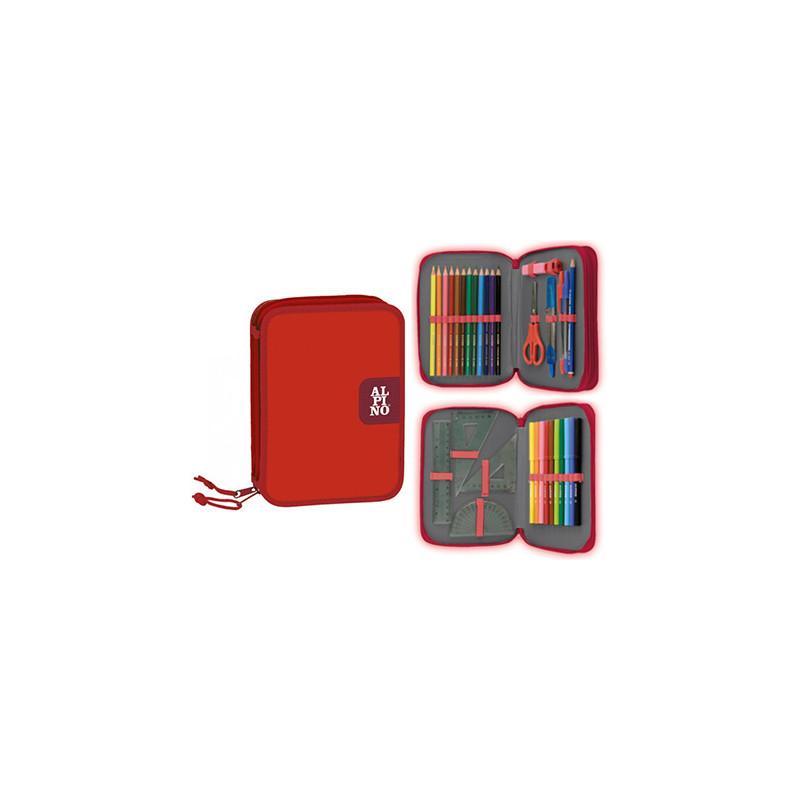 Plumier escolar alpino pequeño doble cremallera rojo 33 piezas