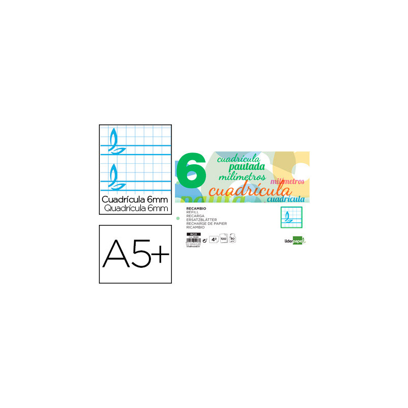 Recambio liderpapel cuarto apaisado pautaguia 100 hojas 75 g cuadriculado pautado 6mm con margen 2 taladros