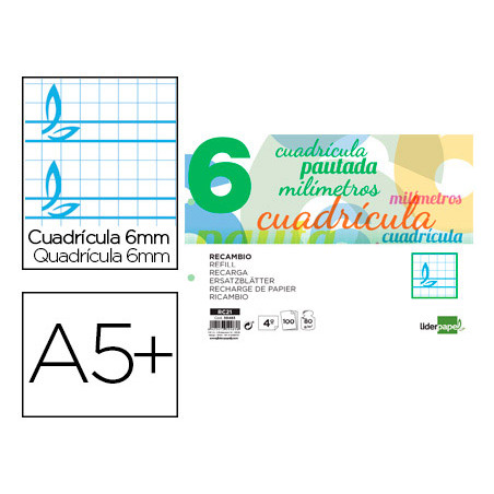 Recambio liderpapel cuarto pautaguia 100 hojas 75 g cuadriculado pautado 6 mm con margen 2 taladros apaisado