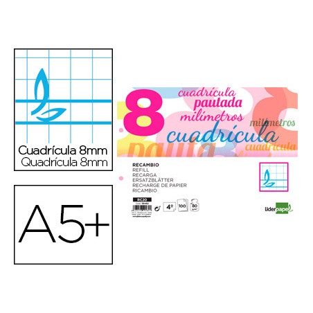 Recambio liderpapel cuarto pautaguia 100 hojas 75 g cuadriculado pautado 8 mm con margen 2 taladros apaisado