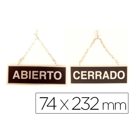 Letrero metalico serigrafiado abierto y cerrado con cadena y ventosa para colgar de 74x232 mm