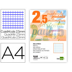 Recambio liderpapel din a4 pautaguia 100 hojas 75 g/m2 cuadriculado pautado 2,5 mm con margen 4 taladros