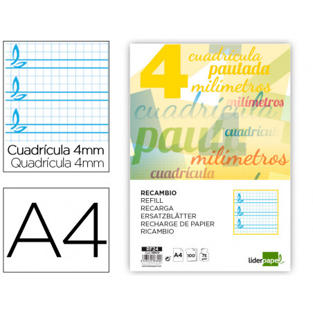 Recambio liderpapel a4 pautaguia 100 hojas 75 g cuadriculado pautado 4 mm con margen 4 taladros