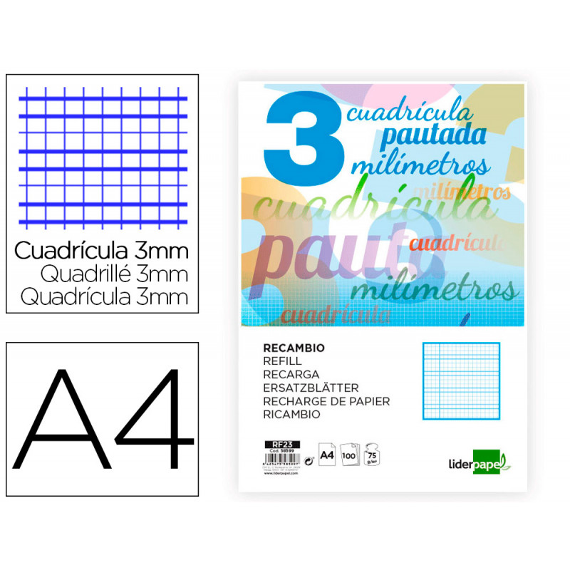 Recambio liderpapel a4 pautaguia 100 hojas 75 g cuadriculado pautado 3mm con margen 4 taladros