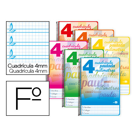 Cuaderno espiral liderpapel folio pautaguia tapa dura 80h 75 gr cuadro pautado 4mmcon margen colores surtidos