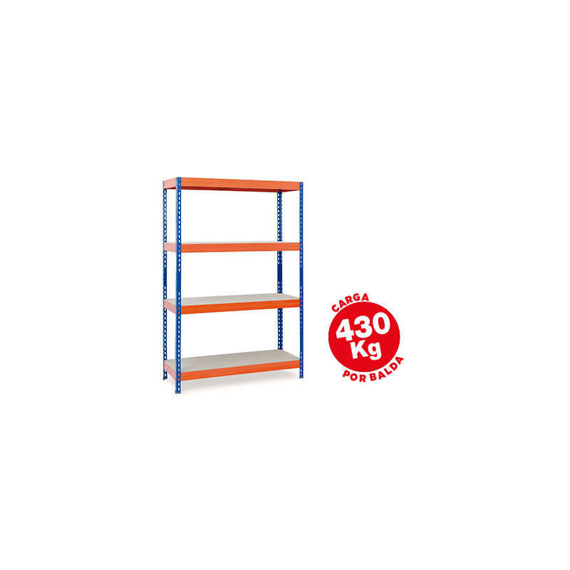 Estanteria metalica ar storage 200x100x60cm 4 estantes 430kg por estante bandejas de maderasin tornillos azul naranja
