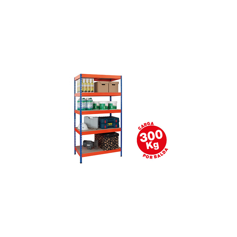 Estanteria metalica ar storage 192x100x50cm 5 estantes 300kg por estante bandejas de madera sin tornillos azul/naranja