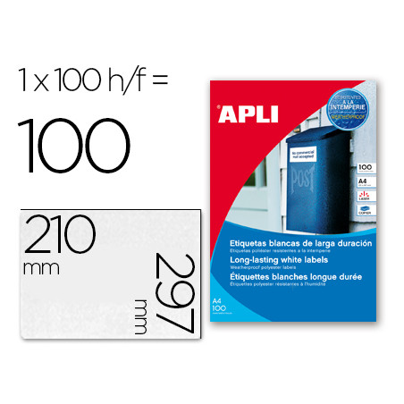 Etiquetas adhesivas apli 12121 tamaño 210x297 mm poliester resistente a la interperie impresion laser