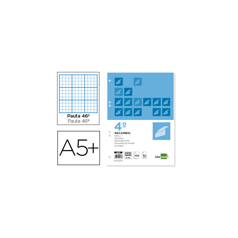 Recambio liderpapel cuarto 100 hojas 60gr rayado nº 46 6 taladros