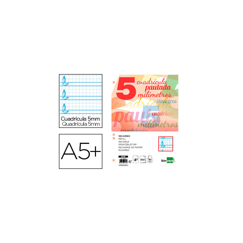 Recambio liderpapel cuarto pautaguia 100 hojas 75gr cuadriculado pautado 5 mm con margen 6 taladros