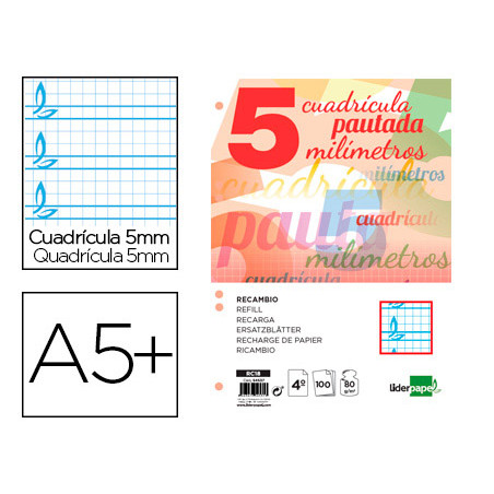 Recambio liderpapel cuarto pautaguia 100 hojas 75 g cuadriculado pautado 5 mm con margen 6 taladros