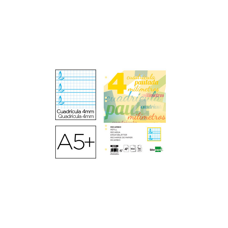 Recambio liderpapel cuarto pautaguia 100 hojas 75 g cuadriculado pautado 4mm con margen 6 taladros