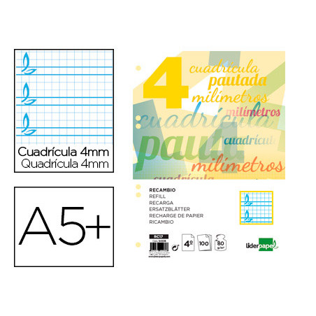 Recambio liderpapel cuarto pautaguia 100 hojas 75 g cuadriculado pautado 4 mm con margen 6 taladros