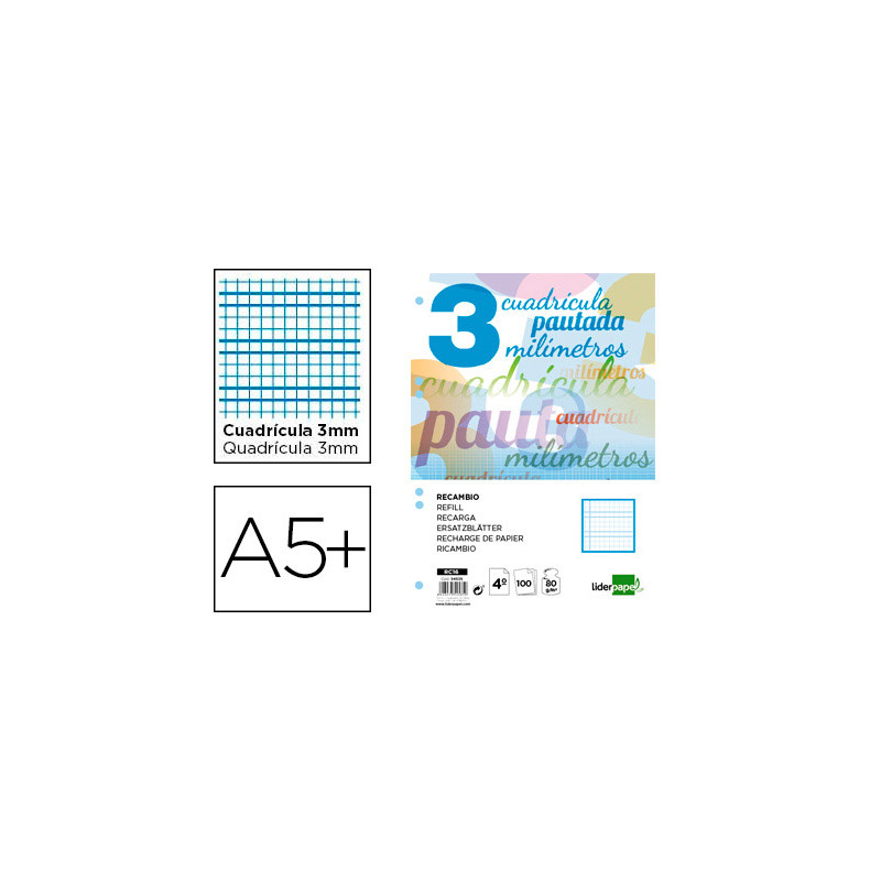 Recambio liderpapel cuarto pautaguia 100 hojas 75 g cuadriculado pautado 3mm con margen 6 taladros