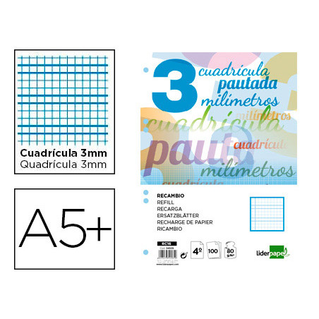Recambio liderpapel cuarto pautaguia 100 hojas 75 g cuadriculado pautado 3 mm con margen 6 taladros