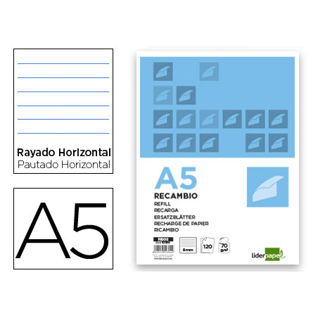 Recambio liderpapel a5 120 hojas 80g/m2 horizontal sin margen 6 taladros bandas de 5 colores