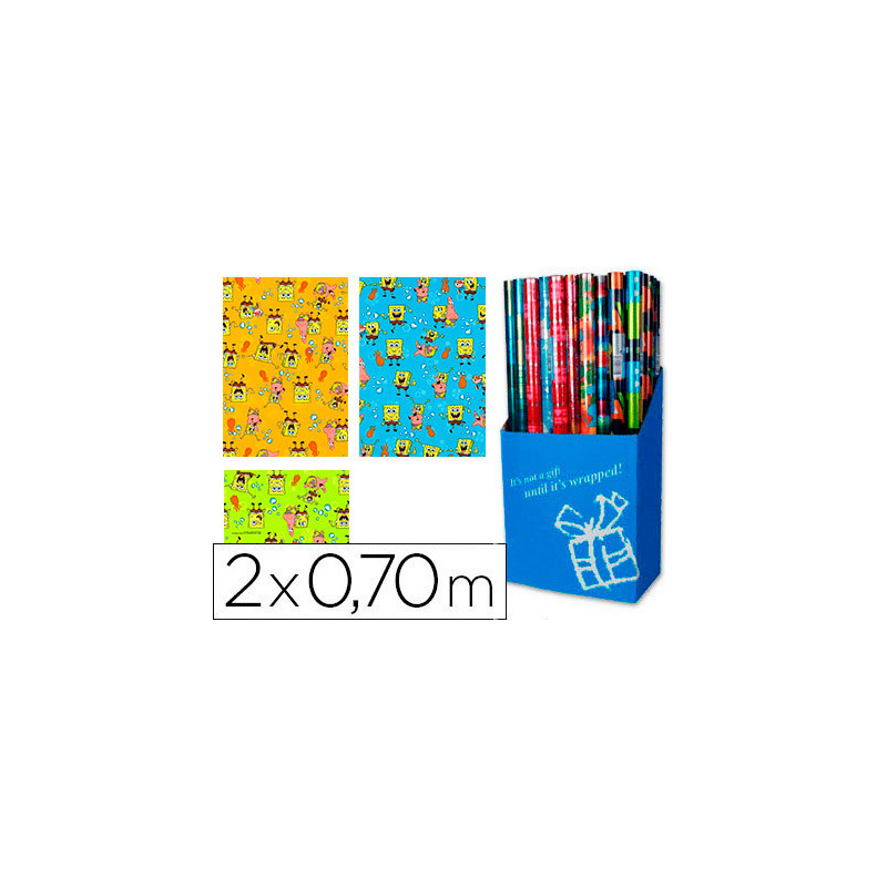 Papel de regalo infantil bob esponja rollo ancho 70 cm longitud 2 mt diseños surtidos gramaje 60 gr