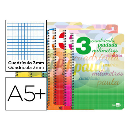 Cuaderno espiral liderpapel cuarto pautaguia tapa blanda 40h 75gr cuadro pautado 3 mm con margen colores surtidos