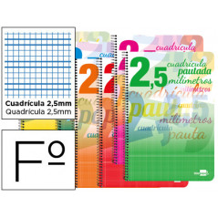 Cuaderno espiral liderpapel folio pautaguia tapa blanda 80h 75 gr cuadro pautado 2,5mm con margen colores surtidos