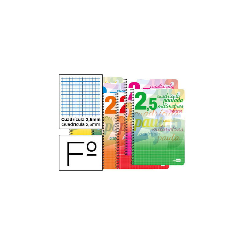 Cuaderno espiral liderpapel folio pautaguia tapa blanda 80h 75gr cuadro pautado 2,5mm con margen colores surtidos