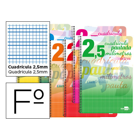 Cuaderno espiral liderpapel folio pautaguia tapa blanda 80h 75gr cuadro pautado 2,5mm con margen colores surtidos