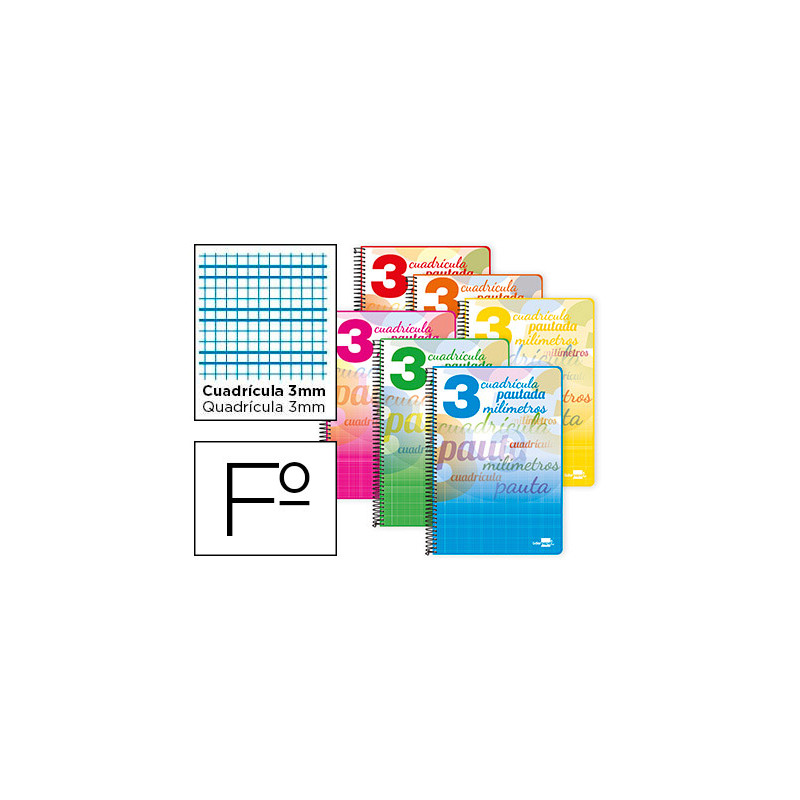 Cuaderno espiral liderpapel folio pautaguia tapa blanda 80h 75gr cuadro pautado 3mm co n margen colores surtidos