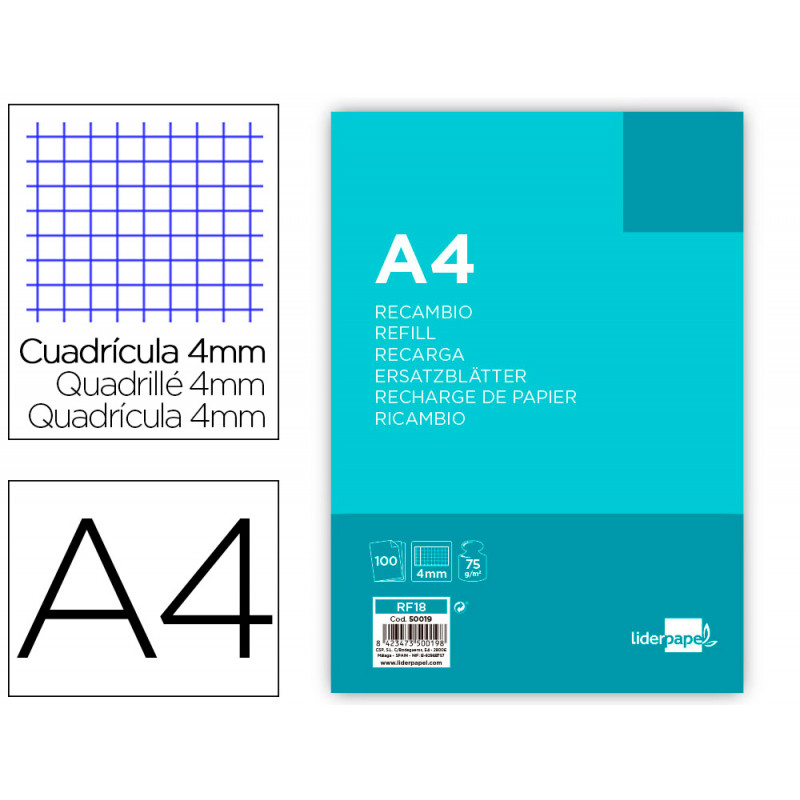 Recambio liderpapel a4 100 hojas 75gr cuadro 4mm con margen 4 taladros