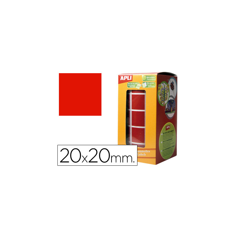 Gomets autoadhesivos cuadrados 20x20 mm rojo rollo de 1770 unidades