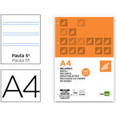 Recambio liderpapel a4 100 hojas 100g/m2 pauta 5ª 2.5mm con margen 4 taladros