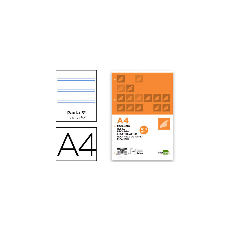 Recambio liderpapel a4 100 hojas 100gr pauta 5ª 2.5mm c on margen 4 taladros