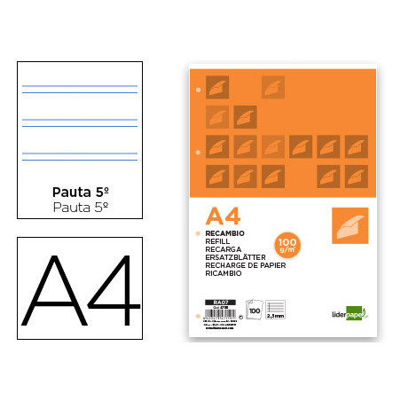 Recambio liderpapel a4 100 hojas 100g/m2 pauta 5ª 2.5mm con margen 4 taladros