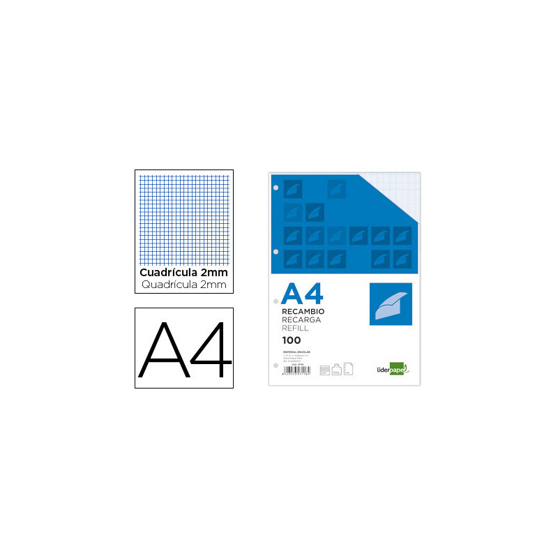 Recambio liderpapel a4 100 hojas 100g/m2 milimetrado 2mm sin margen 4 taladros