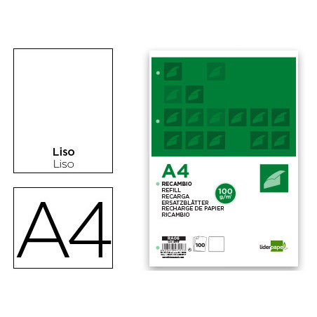 Recambio liderpapel a4 100 hojas 100g/m2 liso sin margen 4 taladros
