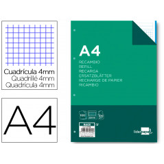 Recambio liderpapel a4 100 hojas 100g/m2 cuadro 4mm con margen 4 taladros