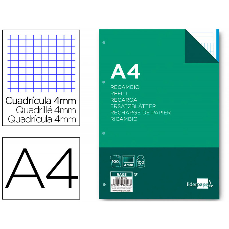 Recambio liderpapel a4 100 hojas 100g/m2 cuadro 4mm con margen 4 taladros