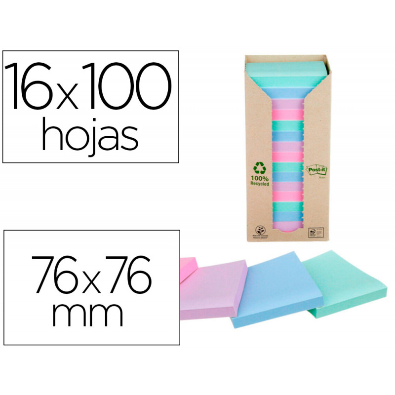 Bloc de notas adhesivas quita y pon post-it 76x76mm en torrerecicladas pack de 16 blocs 654 colores pastel