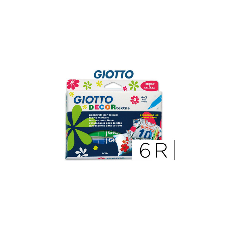 Rotulador giotto decor textile para camisetas caja de 6 unidades colores surtidos
