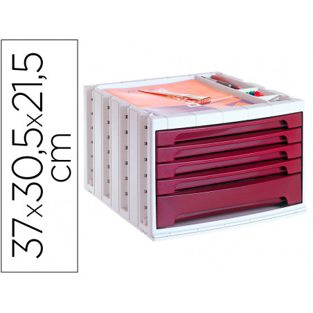 Fichero cajones de sobremesa q-connect 370x305x215 mm bandeja organizadora superior 5 cajones burdeos opaco