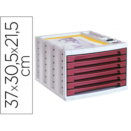 Fichero cajones de sobremesa q-connect 370x305x215 mm bandeja organizadora superior 6 cajones burdeos opaco