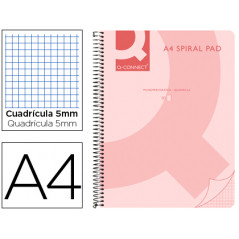 Cuaderno espiral q connect a4 micro tapa plastico 80h 70g cuadro 5mm sin bandas 4 taladros rosa