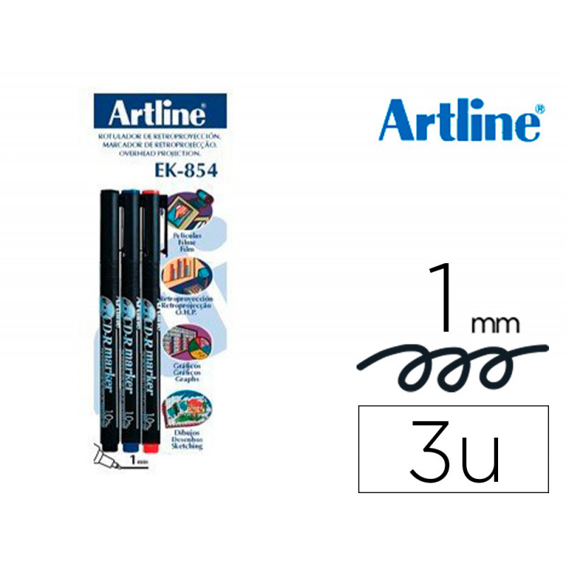 Rotulador artline retroproyeccion punta fibra permanente ek-854 1 mm -blister de 3 (1-ne 1-az 1-ro)