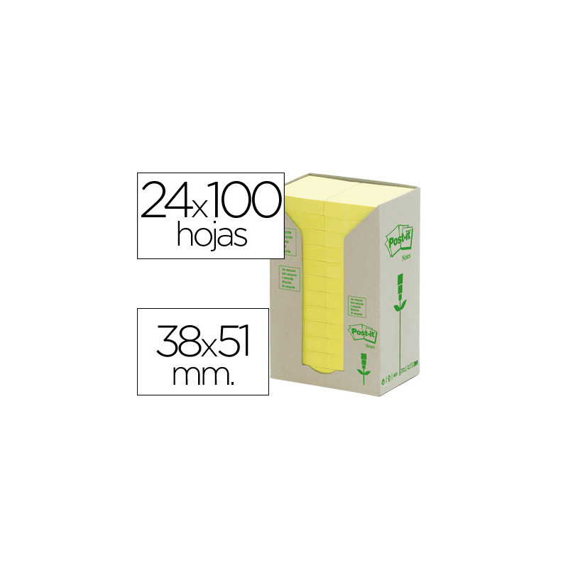 Bloc de notas adhesivas quita y pon reciclada en torre post-it 38 x 51 mm 24 blocs 653 reciclado