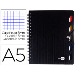 Cuaderno espiral liderpapel a5 micro executive tapa plastico 100h 80 gr cuadro 5mm 5 separadores con gomilla negro