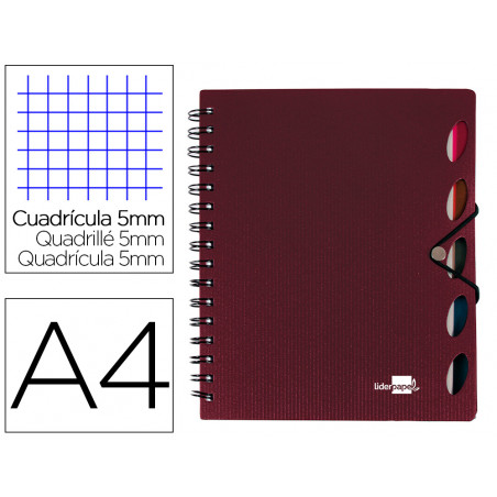Cuaderno espiral liderpapel a4 micro executive tapa plastico 100h 80 gr cuadro 5mm 5 separadores con gomilla burdeos