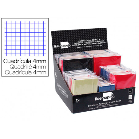 Libreta liderpapel simil piel 120 hojas 70g/m2 cuadro 4mm expositor de 45 unidades colores surtidos