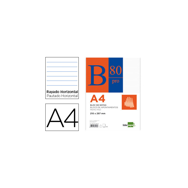 Bloc notas liderpapel horizontal a4 80 hojas 60g/m2 encolado 4 taladros doble margen azul